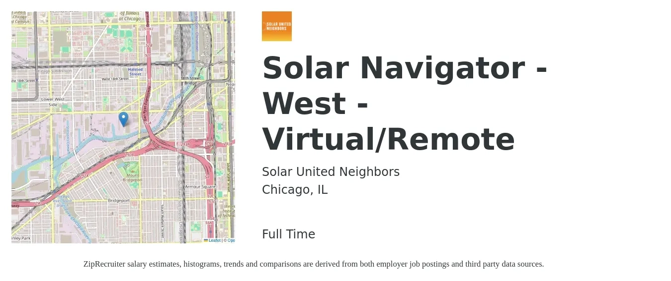 Solar United Neighbors job posting for a Solar Navigator - West - Virtual/Remote in Chicago, IL with a salary of $20 to $27 Hourly with a map of Chicago location.
