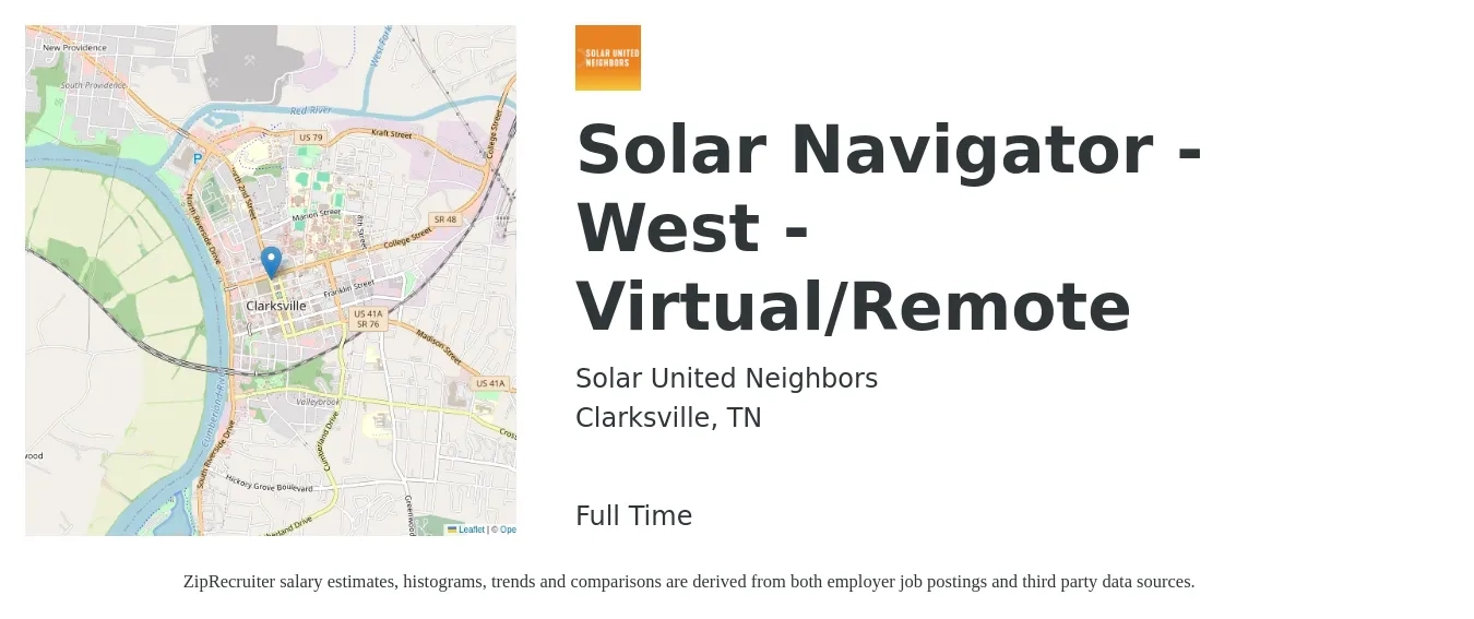 Solar United Neighbors job posting for a Solar Navigator - West - Virtual/Remote in Clarksville, TN with a salary of $17 to $22 Hourly with a map of Clarksville location.