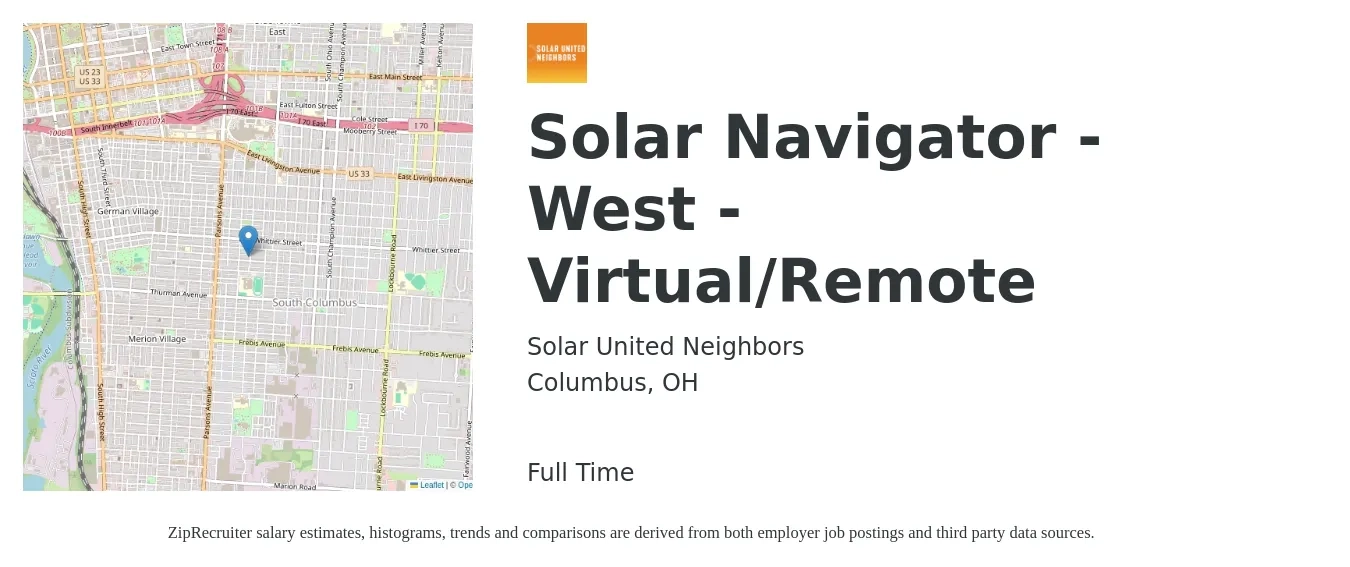 Solar United Neighbors job posting for a Solar Navigator - West - Virtual/Remote in Columbus, OH with a salary of $19 to $25 Hourly with a map of Columbus location.