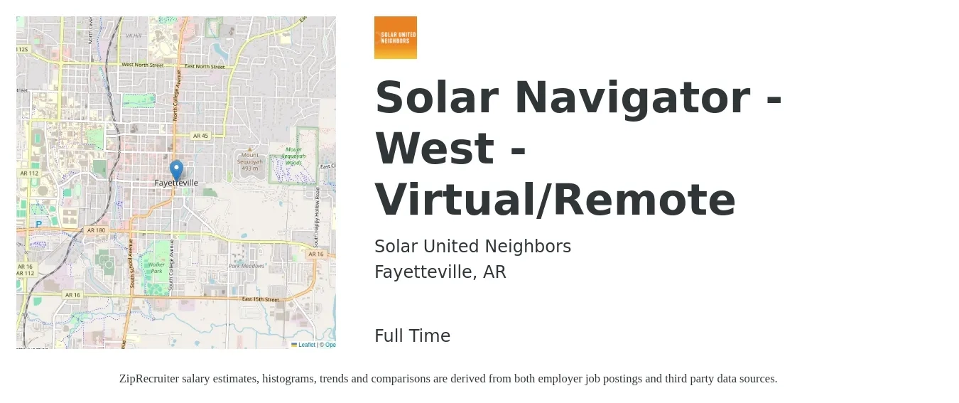 Solar United Neighbors job posting for a Solar Navigator - West - Virtual/Remote in Fayetteville, AR with a salary of $19 to $25 Hourly with a map of Fayetteville location.