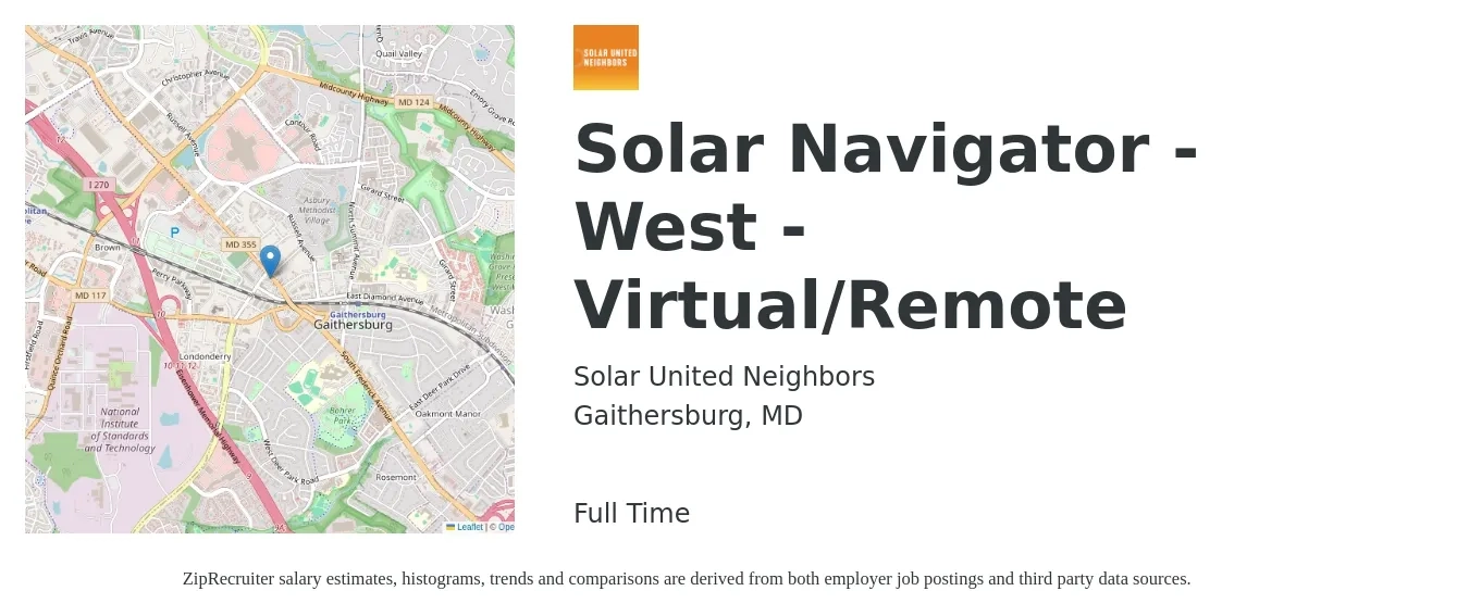 Solar United Neighbors job posting for a Solar Navigator - West - Virtual/Remote in Gaithersburg, MD with a salary of $21 to $28 Hourly with a map of Gaithersburg location.