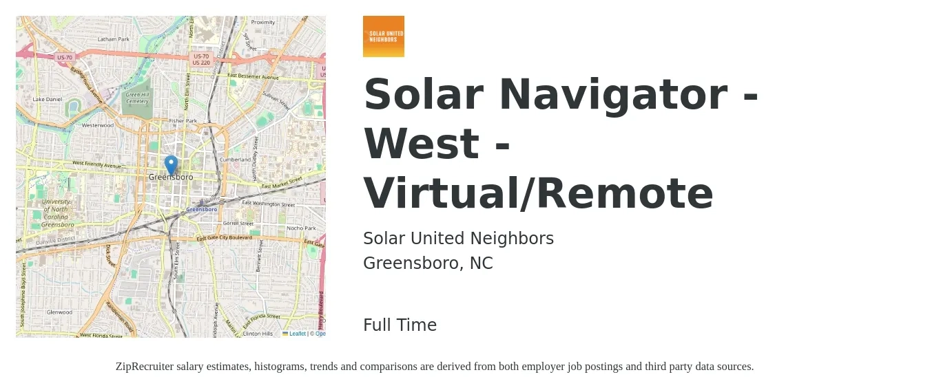 Solar United Neighbors job posting for a Solar Navigator - West - Virtual/Remote in Greensboro, NC with a salary of $19 to $25 Hourly with a map of Greensboro location.