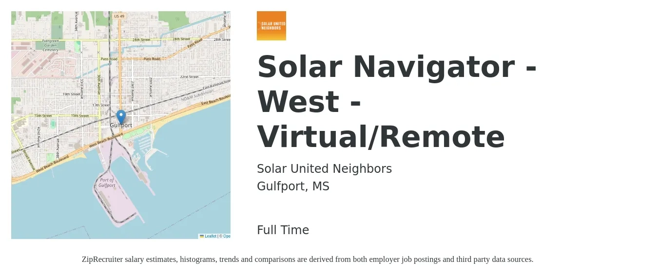 Solar United Neighbors job posting for a Solar Navigator - West - Virtual/Remote in Gulfport, MS with a salary of $20 to $26 Hourly with a map of Gulfport location.