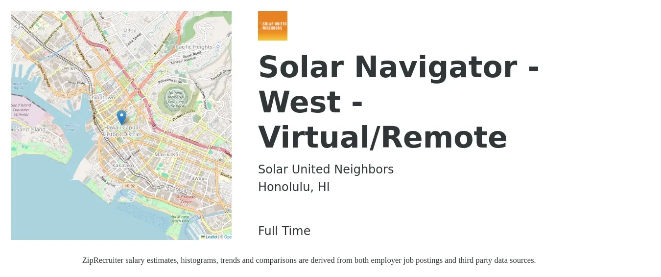 Solar United Neighbors job posting for a Solar Navigator - West - Virtual/Remote in Honolulu, HI with a salary of $20 to $26 Hourly with a map of Honolulu location.