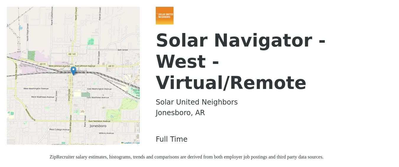 Solar United Neighbors job posting for a Solar Navigator - West - Virtual/Remote in Jonesboro, AR with a salary of $20 to $26 Hourly with a map of Jonesboro location.