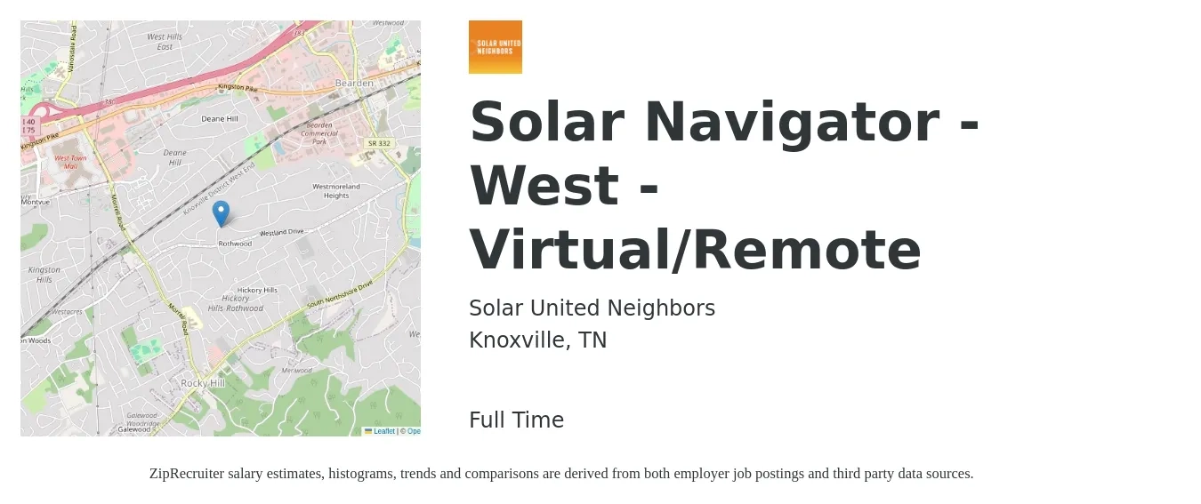Solar United Neighbors job posting for a Solar Navigator - West - Virtual/Remote in Knoxville, TN with a salary of $19 to $25 Hourly with a map of Knoxville location.