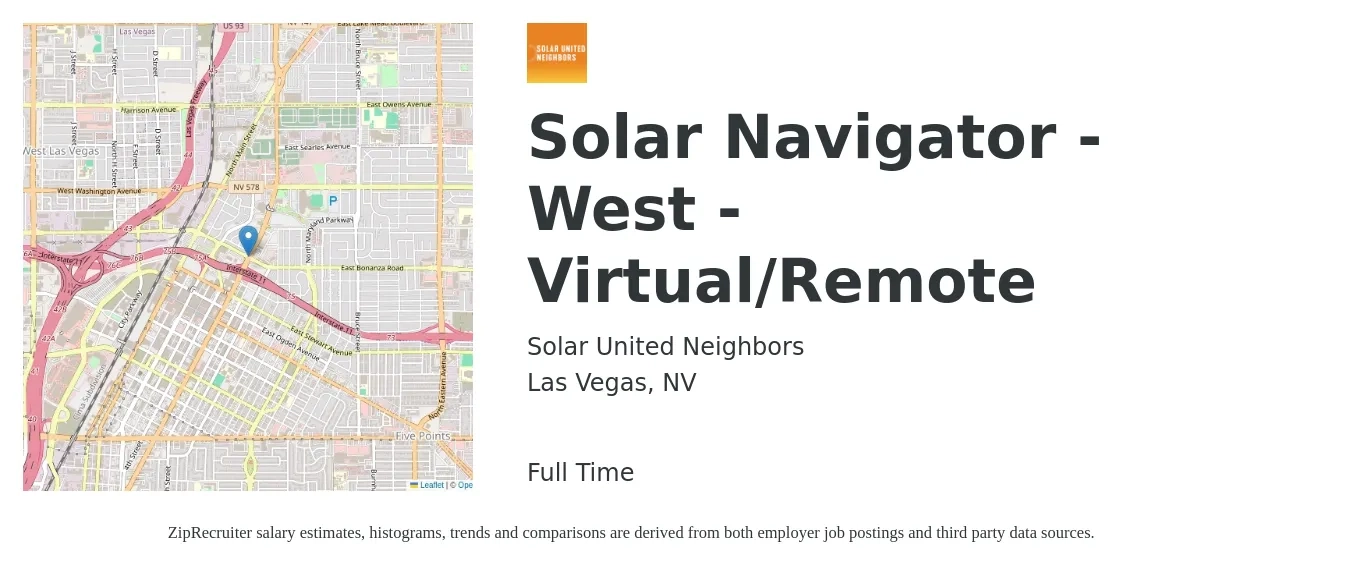 Solar United Neighbors job posting for a Solar Navigator - West - Virtual/Remote in Las Vegas, NV with a salary of $19 to $25 Hourly with a map of Las Vegas location.