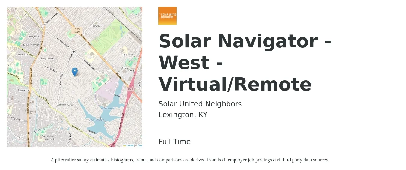 Solar United Neighbors job posting for a Solar Navigator - West - Virtual/Remote in Lexington, KY with a salary of $20 to $26 Hourly with a map of Lexington location.