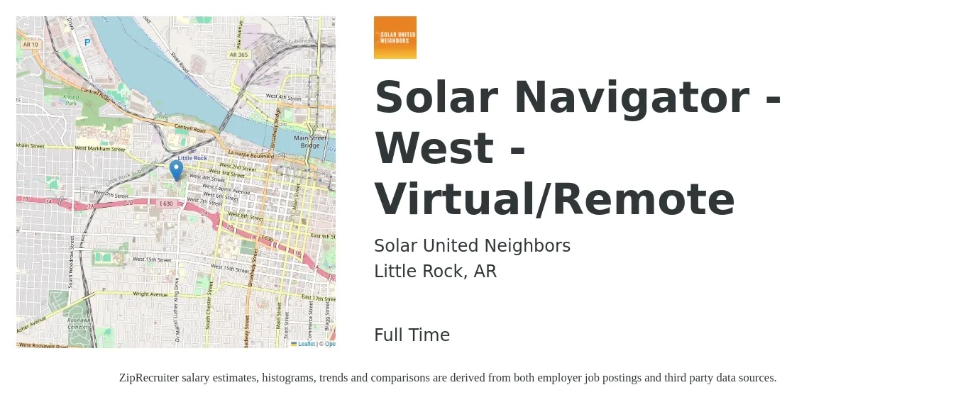 Solar United Neighbors job posting for a Solar Navigator - West - Virtual/Remote in Little Rock, AR with a salary of $19 to $25 Hourly with a map of Little Rock location.