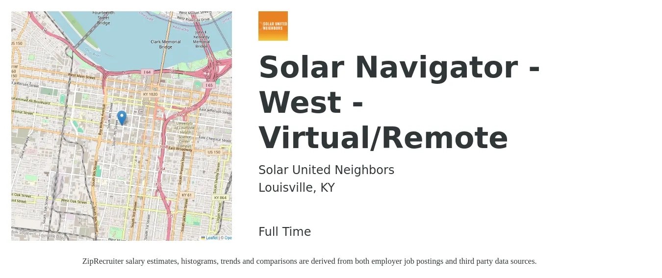 Solar United Neighbors job posting for a Solar Navigator - West - Virtual/Remote in Louisville, KY with a salary of $19 to $25 Hourly with a map of Louisville location.