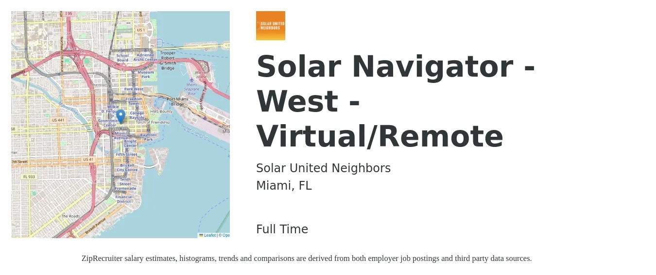 Solar United Neighbors job posting for a Solar Navigator - West - Virtual/Remote in Miami, FL with a salary of $19 to $25 Hourly with a map of Miami location.