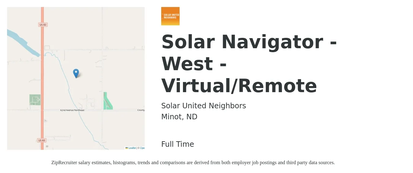 Solar United Neighbors job posting for a Solar Navigator - West - Virtual/Remote in Minot, ND with a salary of $20 to $26 Hourly with a map of Minot location.