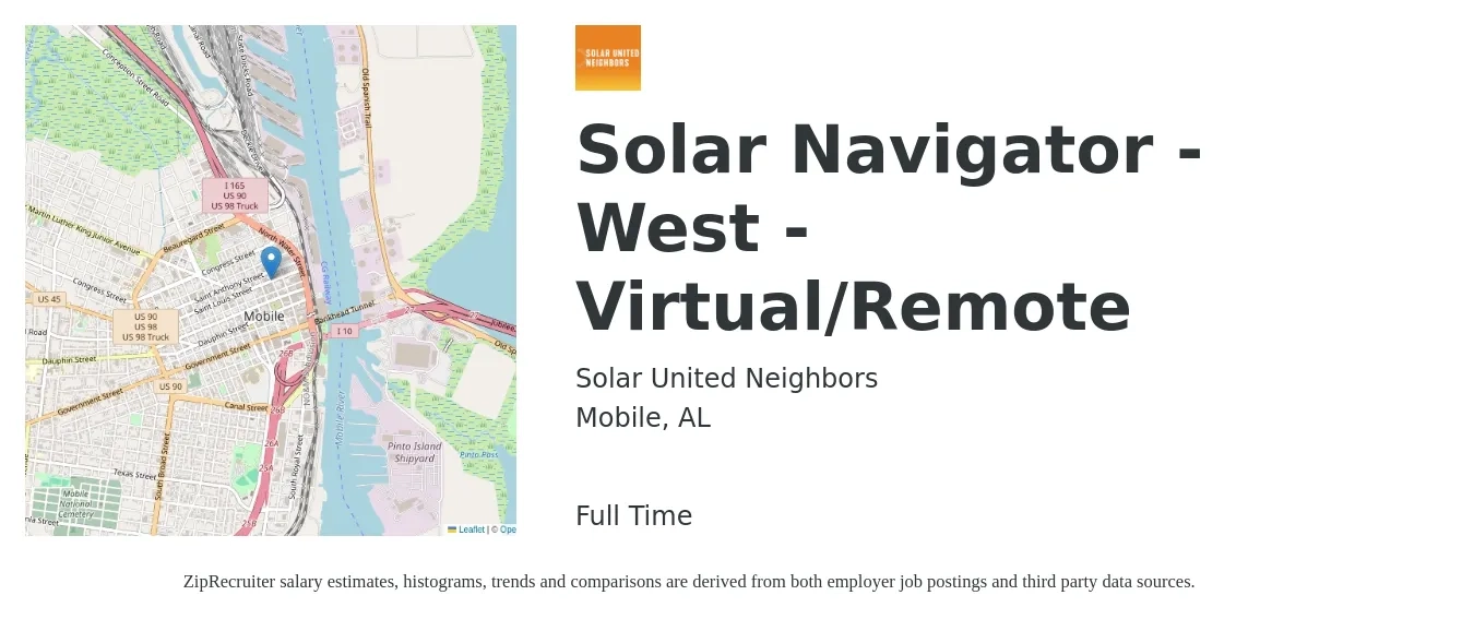 Solar United Neighbors job posting for a Solar Navigator - West - Virtual/Remote in Mobile, AL with a salary of $20 to $26 Hourly with a map of Mobile location.