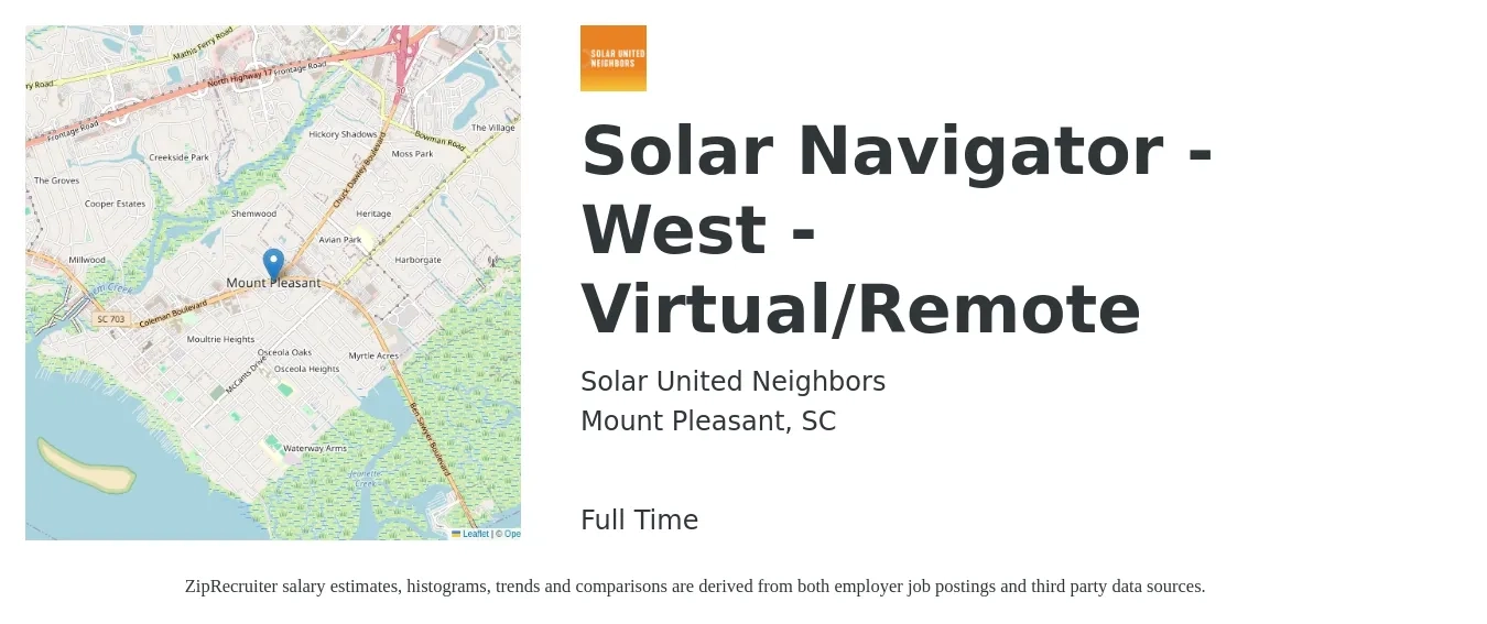 Solar United Neighbors job posting for a Solar Navigator - West - Virtual/Remote in Mount Pleasant, SC with a salary of $19 to $25 Hourly with a map of Mount Pleasant location.