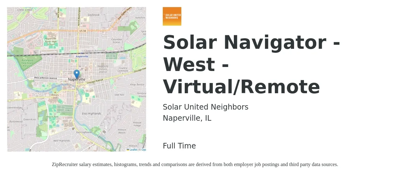 Solar United Neighbors job posting for a Solar Navigator - West - Virtual/Remote in Naperville, IL with a salary of $20 to $26 Hourly with a map of Naperville location.