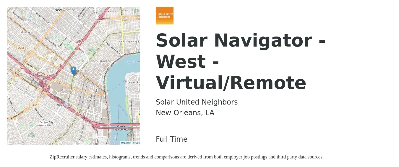 Solar United Neighbors job posting for a Solar Navigator - West - Virtual/Remote in New Orleans, LA with a salary of $19 to $25 Hourly with a map of New Orleans location.