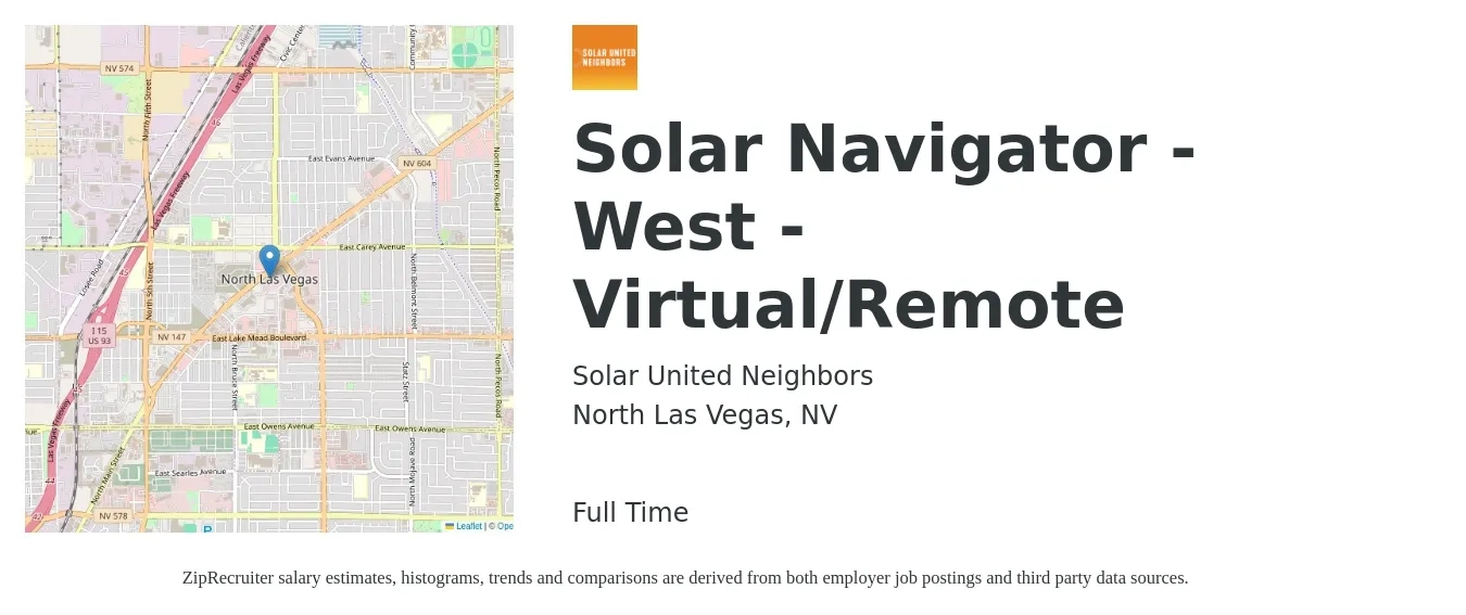 Solar United Neighbors job posting for a Solar Navigator - West - Virtual/Remote in North Las Vegas, NV with a salary of $19 to $25 Hourly with a map of North Las Vegas location.