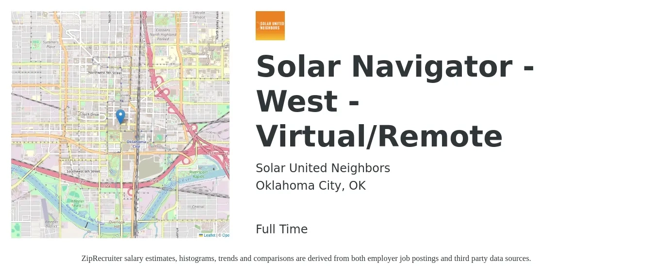Solar United Neighbors job posting for a Solar Navigator - West - Virtual/Remote in Oklahoma City, OK with a salary of $18 to $24 Hourly with a map of Oklahoma City location.