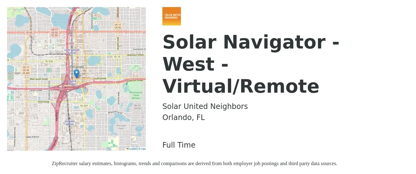 Solar United Neighbors job posting for a Solar Navigator - West - Virtual/Remote in Orlando, FL with a salary of $18 to $24 Hourly with a map of Orlando location.