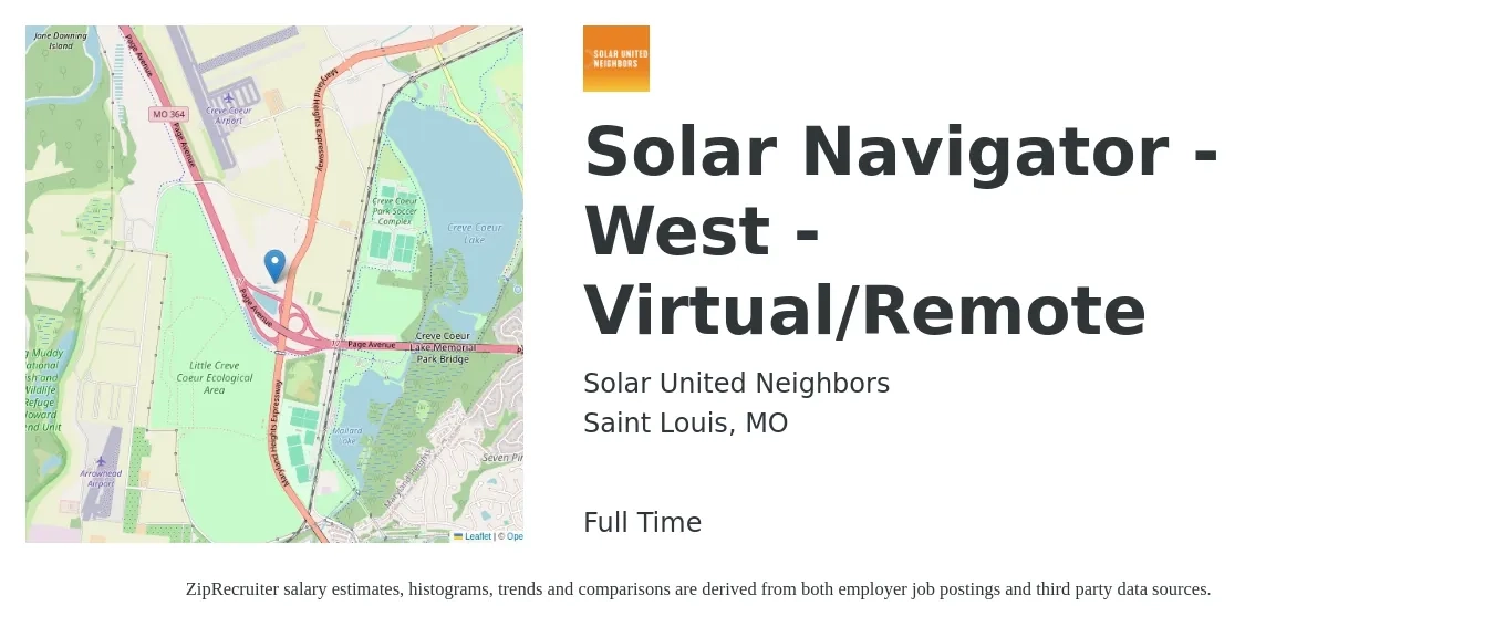 Solar United Neighbors job posting for a Solar Navigator - West - Virtual/Remote in Saint Louis, MO with a salary of $19 to $25 Hourly with a map of Saint Louis location.