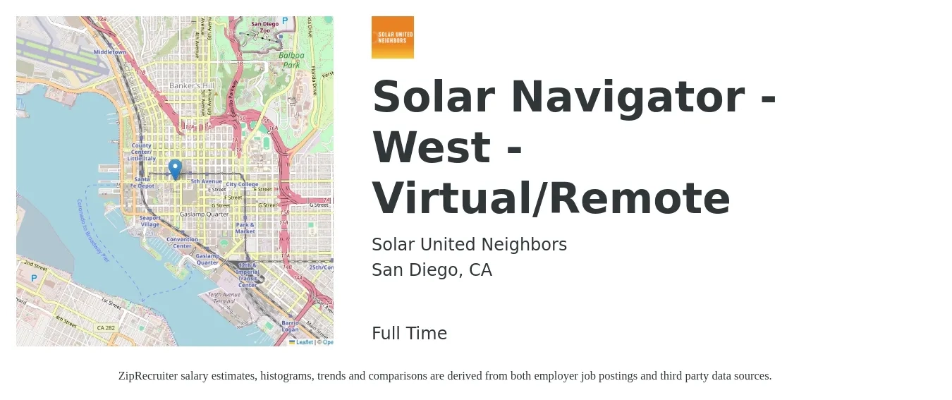 Solar United Neighbors job posting for a Solar Navigator - West - Virtual/Remote in San Diego, CA with a salary of $21 to $28 Hourly with a map of San Diego location.