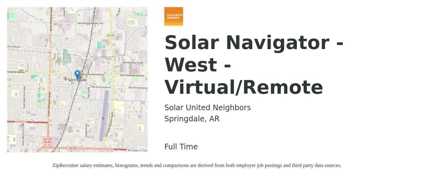 Solar United Neighbors job posting for a Solar Navigator - West - Virtual/Remote in Springdale, AR with a salary of $18 to $23 Hourly with a map of Springdale location.
