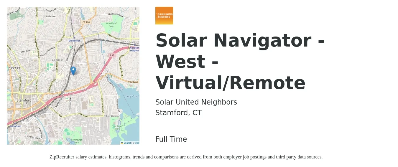 Solar United Neighbors job posting for a Solar Navigator - West - Virtual/Remote in Stamford, CT with a salary of $21 to $28 Hourly with a map of Stamford location.