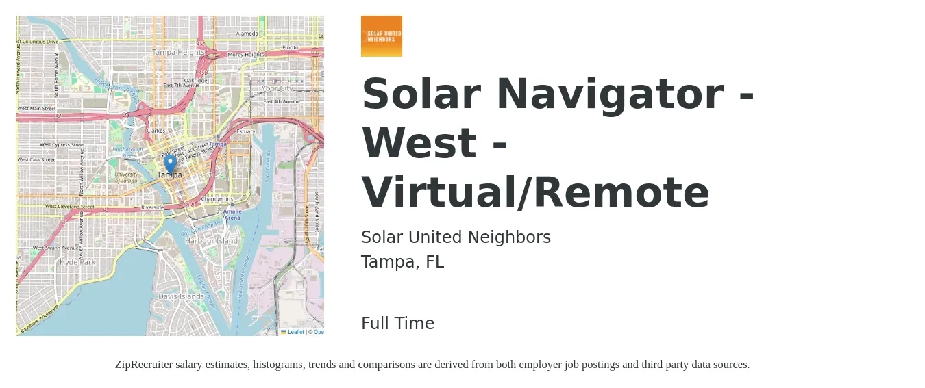 Solar United Neighbors job posting for a Solar Navigator - West - Virtual/Remote in Tampa, FL with a salary of $19 to $24 Hourly with a map of Tampa location.