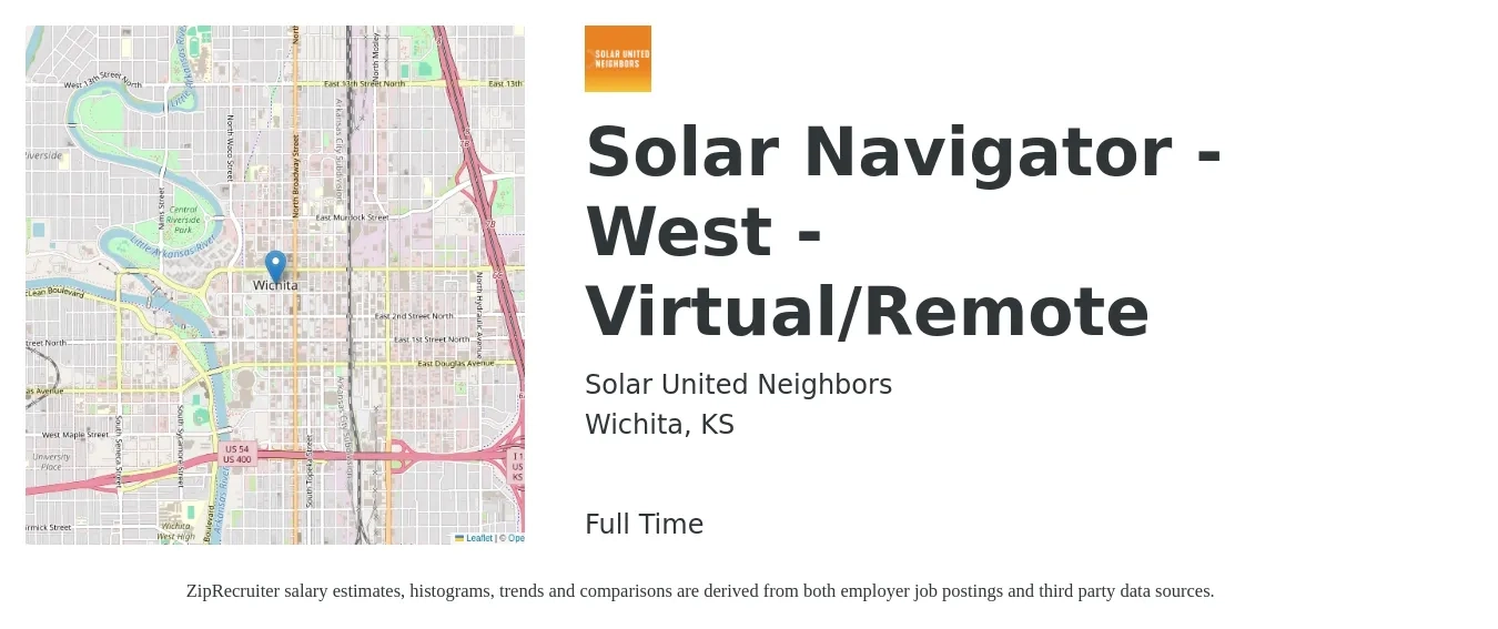 Solar United Neighbors job posting for a Solar Navigator - West - Virtual/Remote in Wichita, KS with a salary of $18 to $23 Hourly with a map of Wichita location.