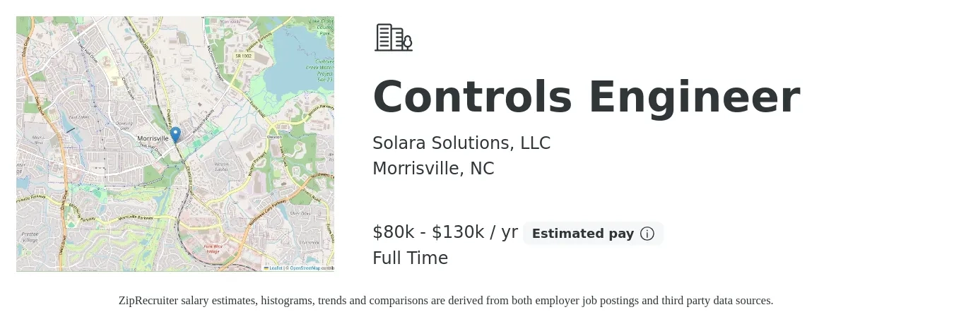 Solara Solutions, LLC job posting for a Controls Engineer in Morrisville, NC with a salary of $80,000 to $130,000 Yearly with a map of Morrisville location.