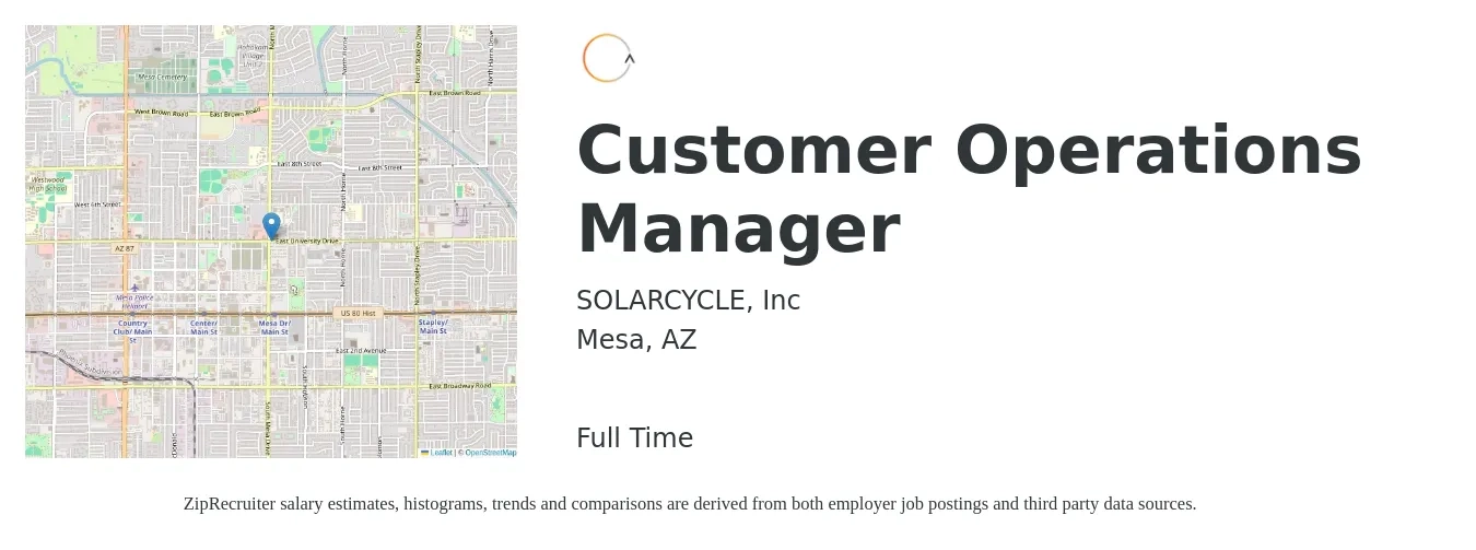 SOLARCYCLE, Inc job posting for a Customer Operations Manager in Mesa, AZ with a salary of $132,900 Yearly with a map of Mesa location.