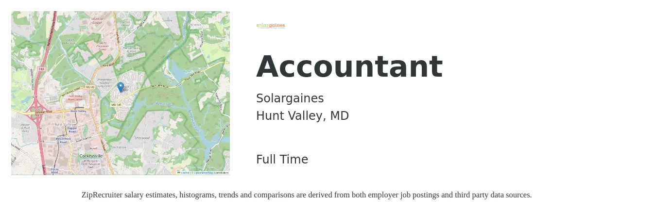 Solargaines job posting for a Accountant in Hunt Valley, MD with a salary of $50,000 to $60,000 Yearly with a map of Hunt Valley location.