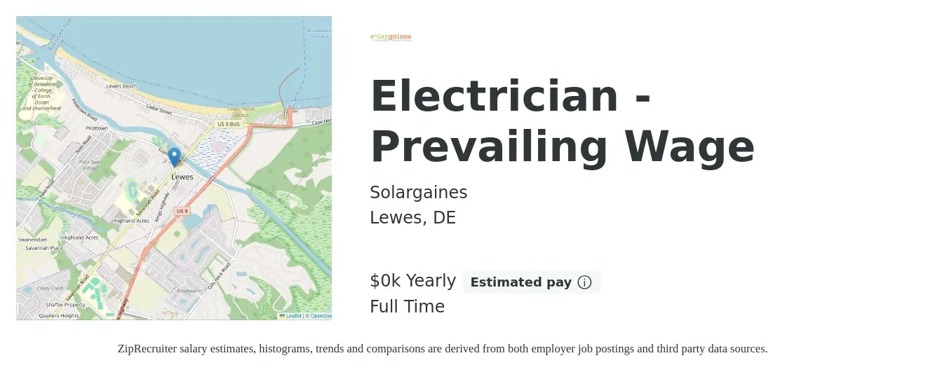 Solargaines job posting for a Electrician - Prevailing Wage in Lewes, DE with a salary of $30 to $48 Yearly with a map of Lewes location.