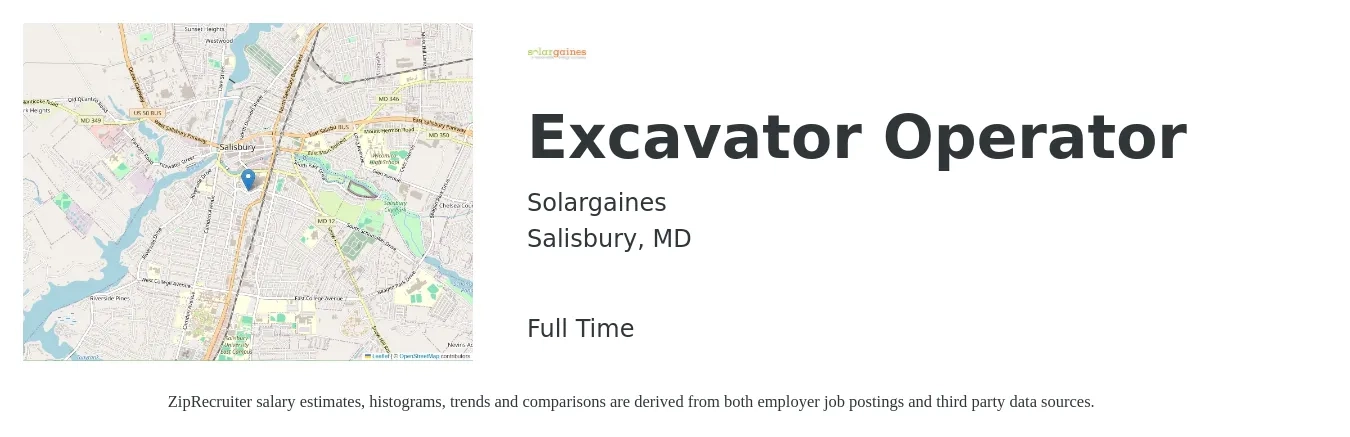 Solargaines job posting for a Excavator Operator in Salisbury, MD with a salary of $25 to $40 Hourly with a map of Salisbury location.
