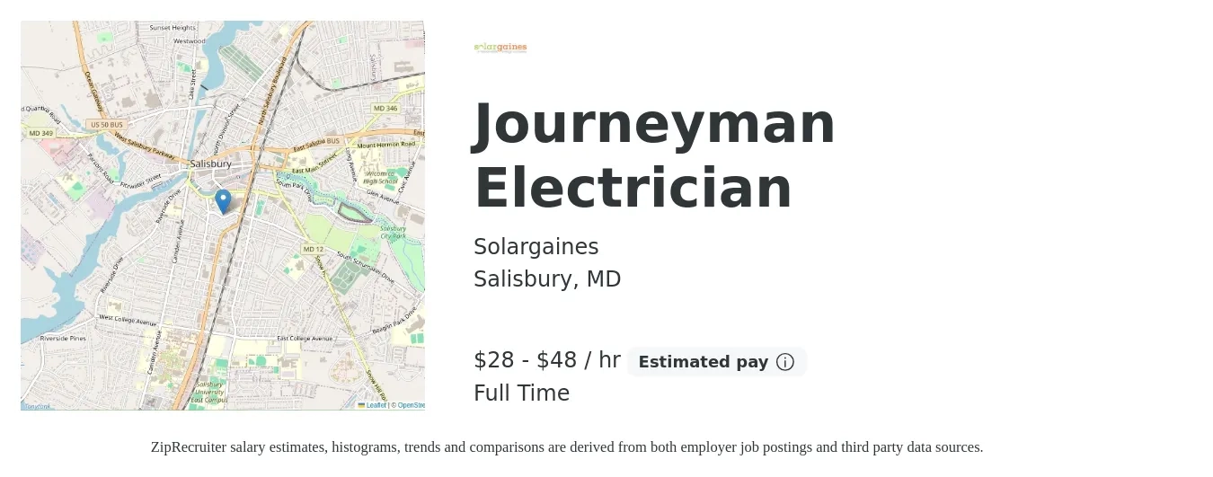 Solargaines job posting for a Journeyman Electrician in Salisbury, MD with a salary of $30 to $50 Hourly with a map of Salisbury location.