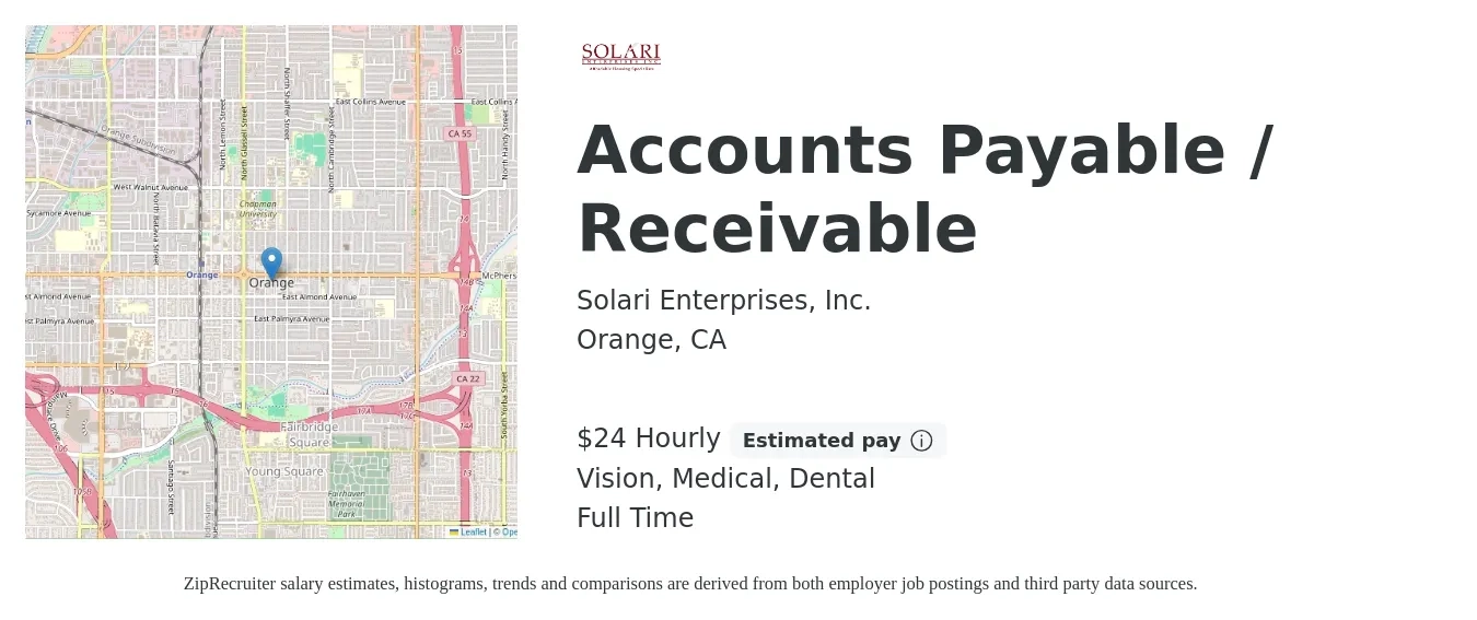 Solari Enterprises, Inc. job posting for a Accounts Payable / Receivable in Orange, CA with a salary of $25 to $26 Hourly and benefits including dental, life_insurance, medical, retirement, and vision with a map of Orange location.