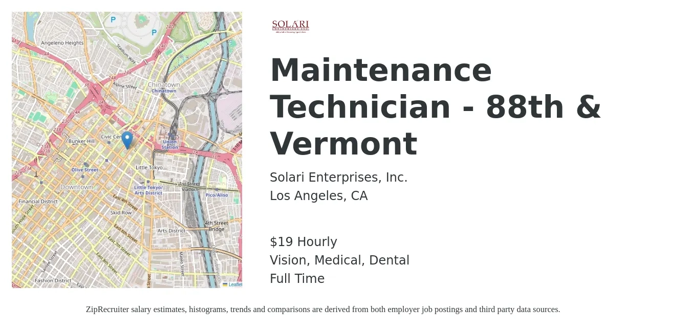 Solari Enterprises, Inc. job posting for a Maintenance Technician - 88th & Vermont in Los Angeles, CA with a salary of $20 Hourly and benefits including life_insurance, medical, pto, retirement, vision, and dental with a map of Los Angeles location.
