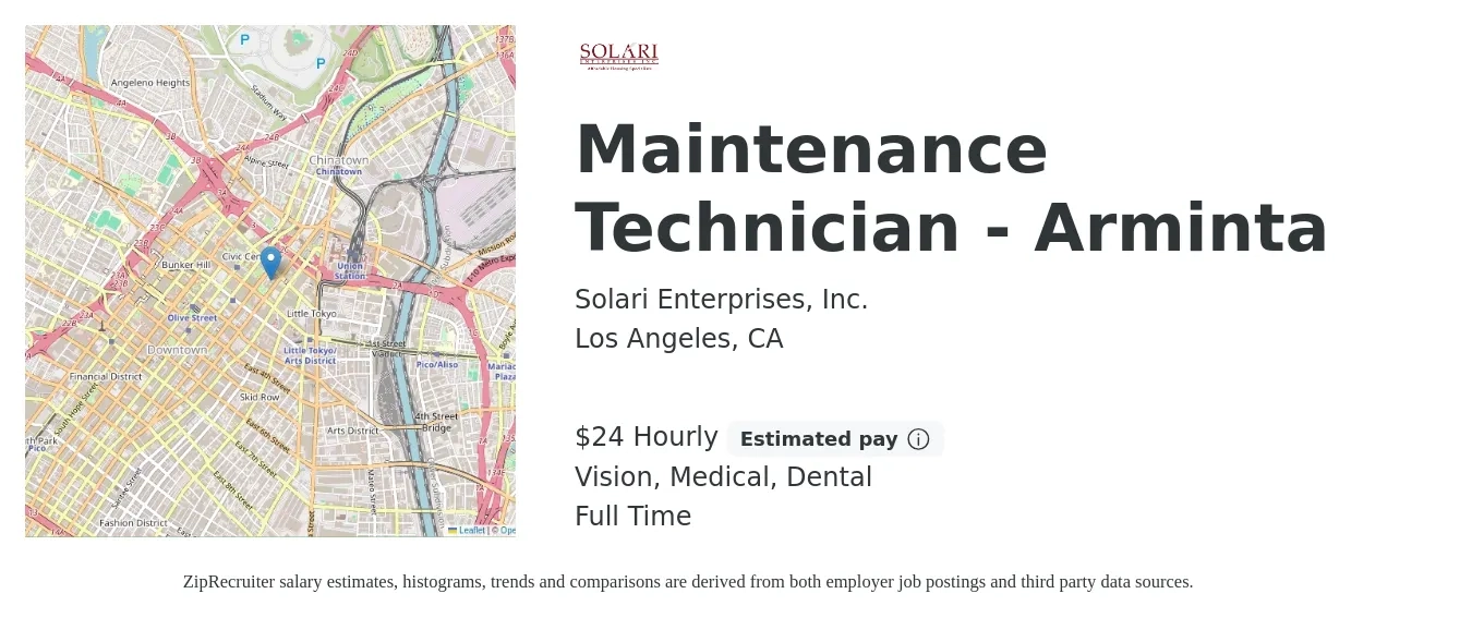 Solari Enterprises, Inc. job posting for a Maintenance Technician - Arminta in Los Angeles, CA with a salary of $25 Hourly and benefits including life_insurance, medical, retirement, vision, and dental with a map of Los Angeles location.