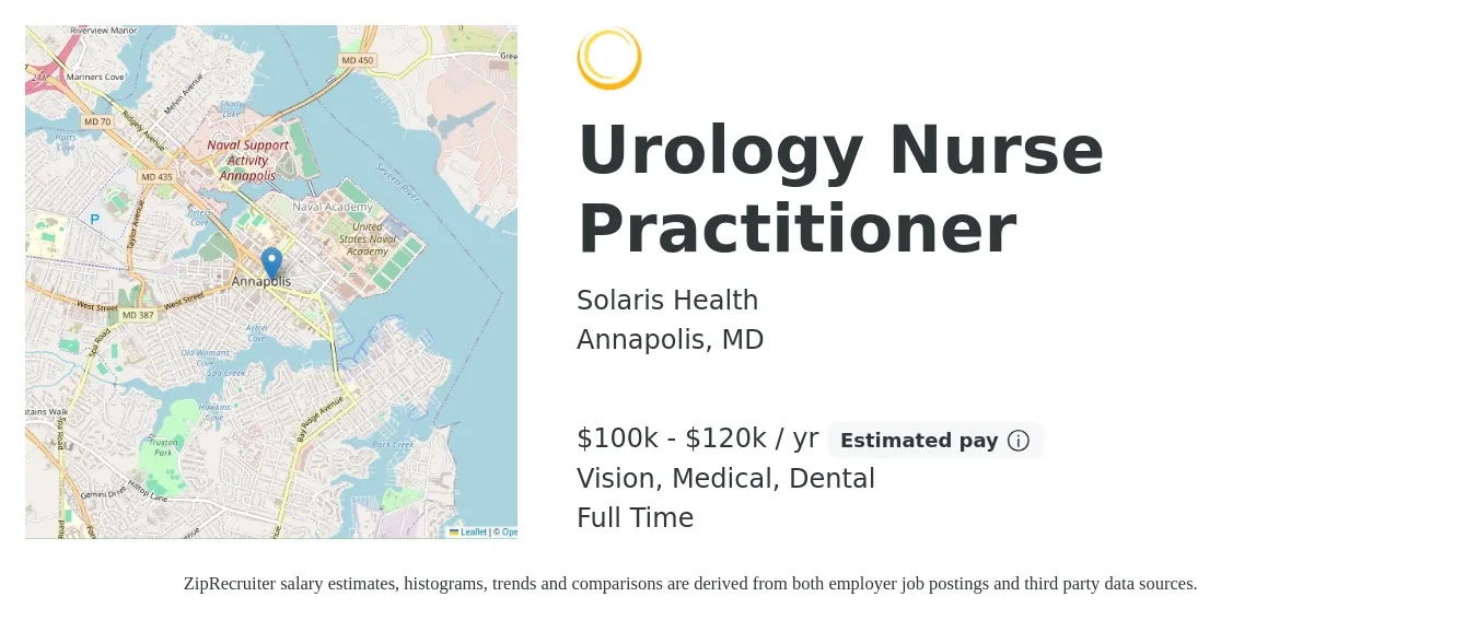 Solaris Health job posting for a Urology Nurse Practitioner in Annapolis, MD with a salary of $100,000 to $120,000 Yearly and benefits including dental, life_insurance, medical, retirement, and vision with a map of Annapolis location.