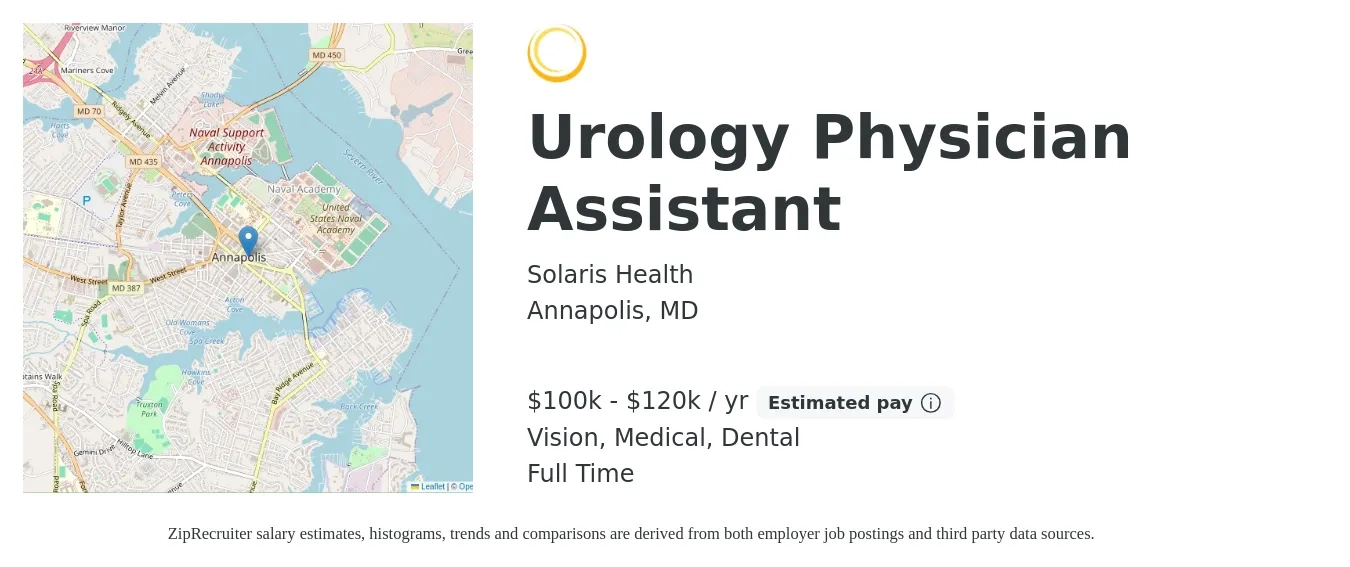 Solaris Health job posting for a Urology Physician Assistant in Annapolis, MD with a salary of $100,000 to $120,000 Yearly and benefits including retirement, vision, dental, life_insurance, and medical with a map of Annapolis location.
