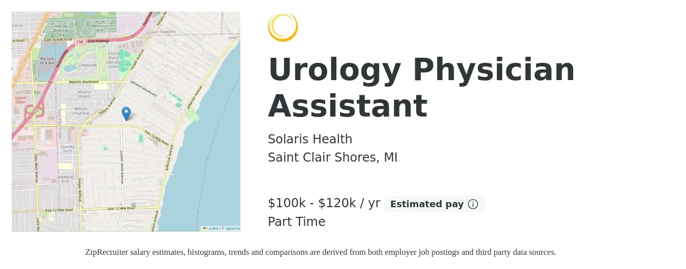 Solaris Health job posting for a Urology Physician Assistant in Saint Clair Shores, MI with a salary of $100,000 to $120,000 Yearly and benefits including pto, and retirement with a map of Saint Clair Shores location.