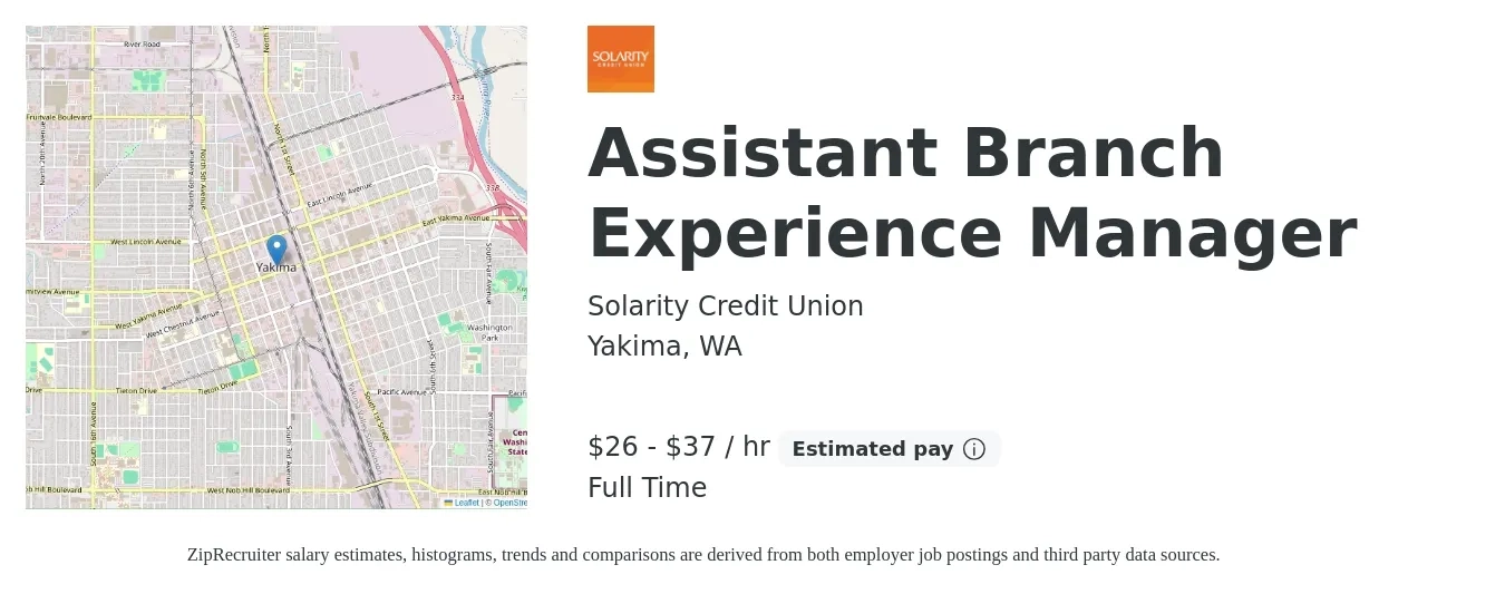 Solarity Credit Union job posting for a Assistant Branch Experience Manager in Yakima, WA with a salary of $28 to $39 Hourly with a map of Yakima location.