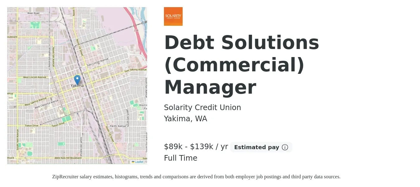 Solarity Credit Union job posting for a Debt Solutions (Commercial) Manager in Yakima, WA with a salary of $89,116 to $139,233 Yearly with a map of Yakima location.