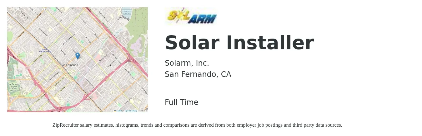 Solarm, Inc. job posting for a Solar Installer in San Fernando, CA with a salary of $24 to $27 Hourly with a map of San Fernando location.