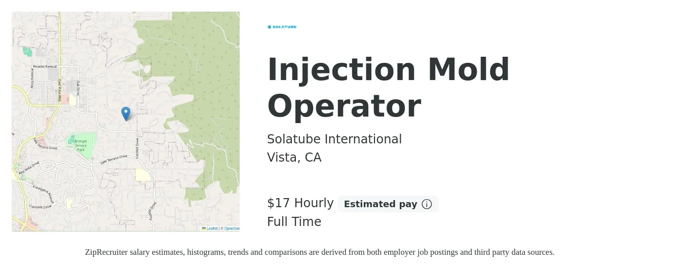 Solatube International job posting for a Injection Mold Operator in Vista, CA with a salary of $18 Hourly with a map of Vista location.