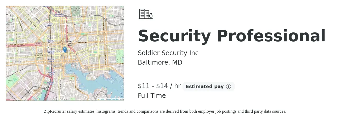 Soldier Security Inc job posting for a Security Professional in Baltimore, MD with a salary of $12 to $15 Hourly with a map of Baltimore location.