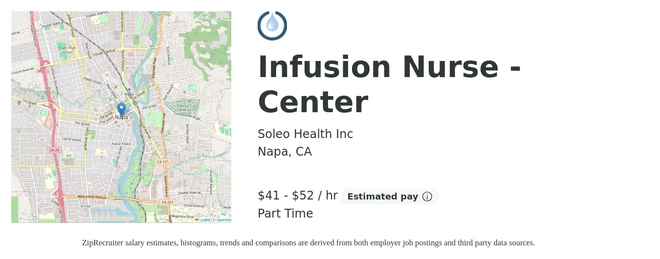 Soleo Health Inc job posting for a Infusion Nurse - Center in Napa, CA with a salary of $43 to $55 Hourly with a map of Napa location.