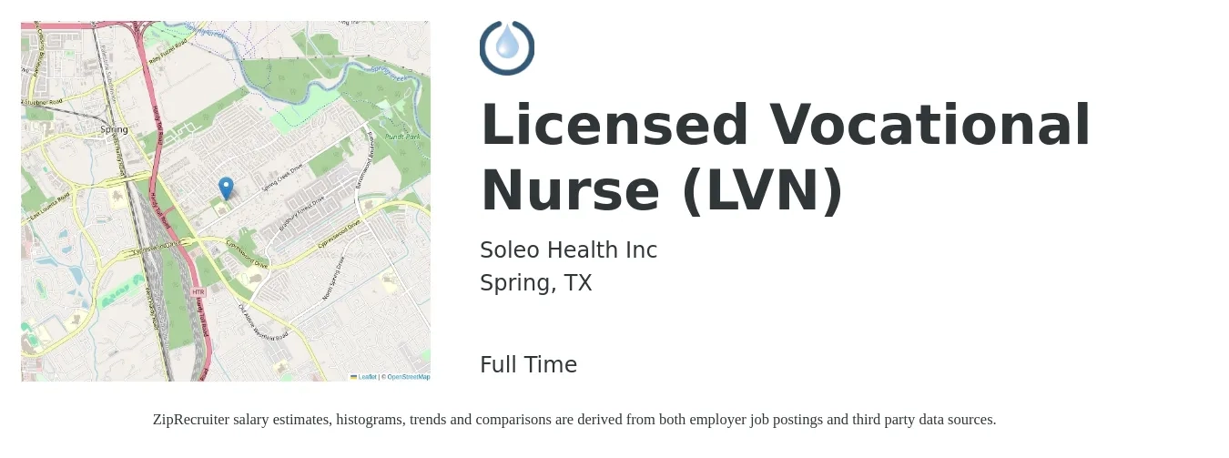 Soleo Health Inc job posting for a Licensed Vocational Nurse (LVN) in Spring, TX with a salary of $25 to $34 Hourly with a map of Spring location.