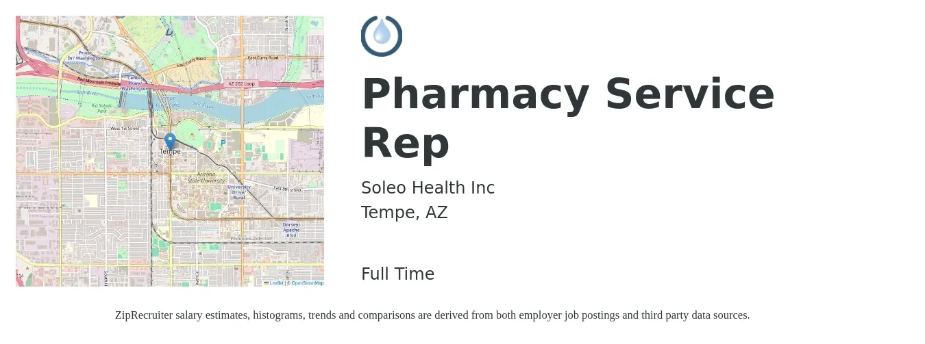 Soleo Health Inc job posting for a Pharmacy Service Rep in Tempe, AZ with a salary of $17 to $20 Hourly with a map of Tempe location.