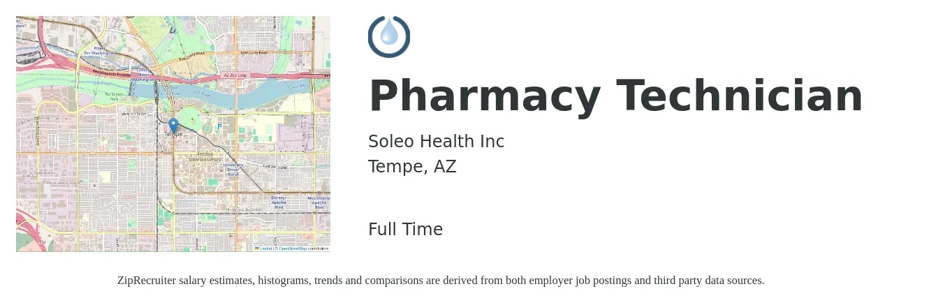 Soleo Health Inc job posting for a Pharmacy Technician in Tempe, AZ with a salary of $17 to $21 Hourly with a map of Tempe location.